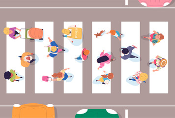 People crosswalk top view. Above walking crowd crossing street road or roadway, overhead busy pedestrians across city highway human silhouette aerial map classy vector illustration - 799922103