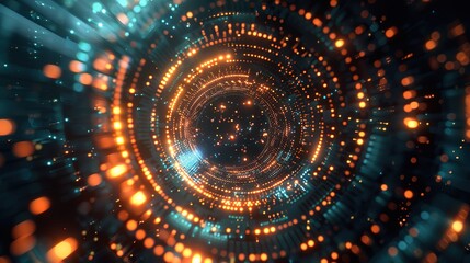 Obraz premium High tech server visualization, displaying particle data streams, circular computing interfaces, and virtual reality environments