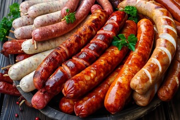 Assortment of Grilled Gourmet Sausages on Tray	
