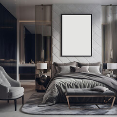 mockup poster with a modern luxury bedroom with sleek furniture and luxurious textures.