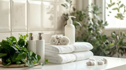 Cosmetic products and cotton towels Cotton wool with green plants on white table inside ceramic...