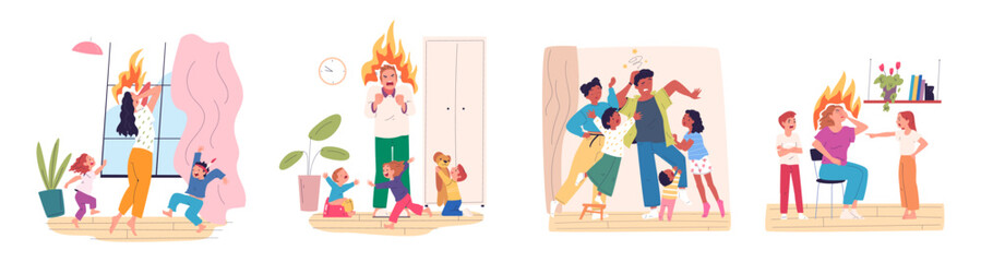 Parent burnout. Exhausted tired parents with difficult children, mad burn mom parental stress unhappy family problem, sad busy dad naughty kids in room, classy vector illustration - 799922387