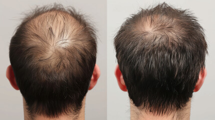 Before and after photos of a man's scalp show how hair loss treatment helped prevent balding.