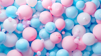 3d rendering of pastel blue, pink and white balloons background