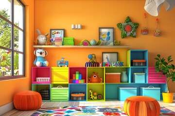 colorful children's room with shelves for storing things and toys