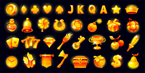 Gold slot icons. Golden slots game casino, magical shiny icon gaming element poker machine lucky lottery 777 bar chance fruit bell money symbols, png neoteric vector illustration - 799923130