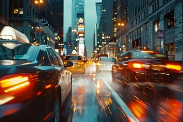 Fototapeta na wymiar Dynamic Cityscape with Blurred Traffic Rushing Through the Urban Landscape at Night