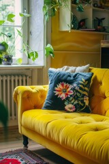 fragment of a yellow sofa with a pillow in a modern interior, vertical