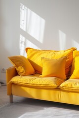 modern yellow sofa on a light  background with shadows, minimalism, copy space, mock up, vertical