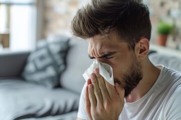 a young man blows his nose into a paper napkin while sitting on the sofa at home, the theme of seasonal diseases, acute respiratory infections, flu, covid