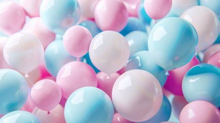 3d rendering of pastel blue, pink and white balloons background