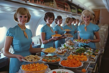 Captivating Inflight Hospitality:Flight Attendants Serving Refreshments and Snacks to Passengers in Retro Airline Cabin
