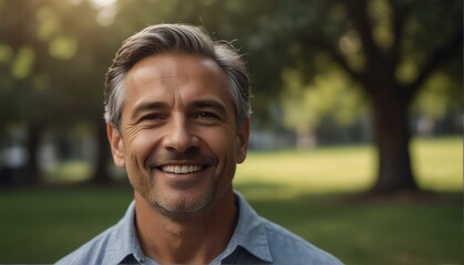 middleaged guy smiling looking at camera portrait with outdoor morning background from Generative AI