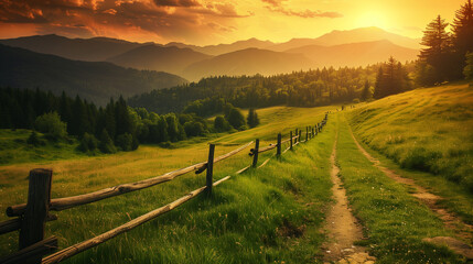 A beautiful, sunlit field with a fence in the foreground. The sun is setting behind the mountains in the background