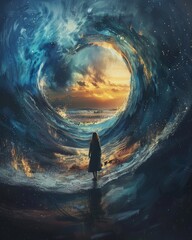 Fantasy art woman facing a giant circular wave concept wallpaper cover