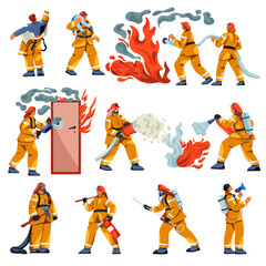 Cartoon fireman characters. Firefighters in uniform working rescue equipment extinguisher, emergency safety professional firefighter firemen occupation, recent vector illustration - 799924343