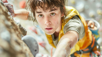 Focused climber scaling indoor wall, intense gaze.