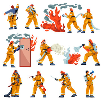 Cartoon fireman characters. Firefighters in uniform working rescue equipment extinguisher, emergency safety professional firefighter firemen occupation, recent vector illustration