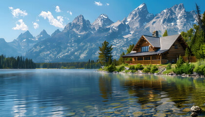 Fototapeta na wymiar Nestled amidst towering mountains, a cozy cabin sits serenely by the edge of a crystal-clear lake