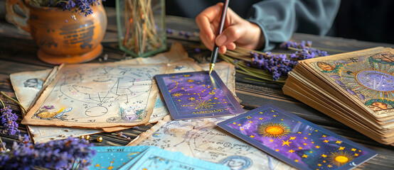 Astrology. Astrologer calculates natal chart and makes a forecast of fate Tarot cards, Fortune telling on tarot cards magic crystal, occultism, Esoteric background. Fortune telling,tarot predictions