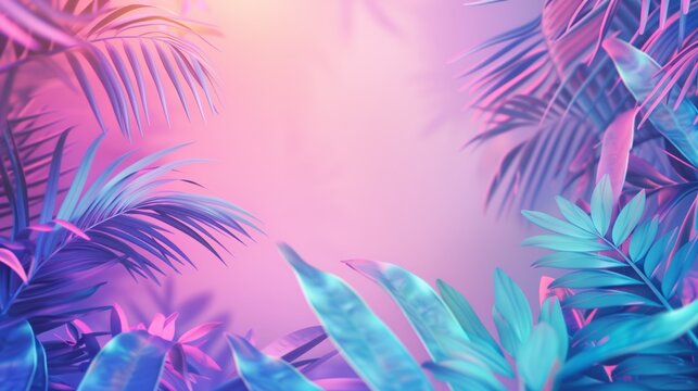 Stylized image featuring vibrant tropical leaves in pink and blue hues with a pink background.