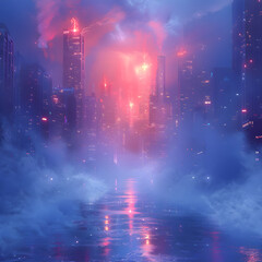 Fototapeta premium Ethereal Cityscape: Neon Lights in Misty Fog
