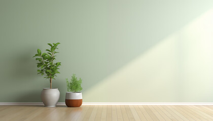 Two beautiful potted plants sit side by side on a wooden floor against a pale green wall with a spotlight shining on them