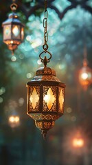 A beautiful ornate lantern hanging on a chain, illuminated with a warm light against a blurred green bokeh background.