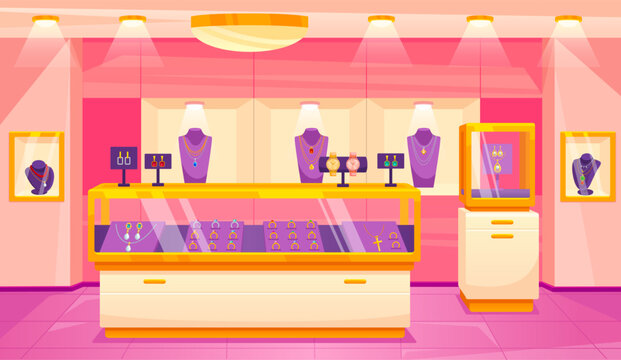 Jewelry store interior. Jewellery shop luxury exhibition cartoon jewel room boutique inside mall, gold accessories sale glass showcase retail shopping ingenious vector illustration