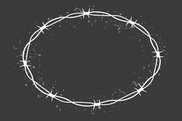 Barbed wire twisted ring y2k, round border tattoo, gothic textured steel frame, spiky oval barrier, silhouette isolated on dark background.