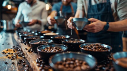 Cupping session with experts tasting and assessing the flavor profile of different coffee roasts.