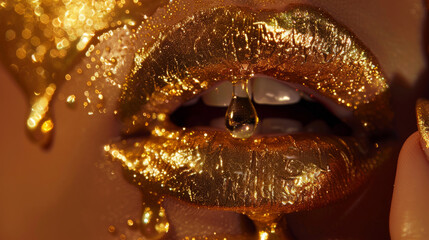 Gold face paint drips from her lips and nails. Glossy lips shine as gold liquid drops fall from her mouth. Her skin shimmers with gold makeup. A close-up of a beautiful woman's makeup.