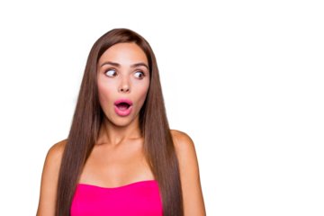 Portrait of young straight-haired sweet brunette girl wearing pink top, showing facial wow expression. Copy space. Isolated over bright vivid turquoise background