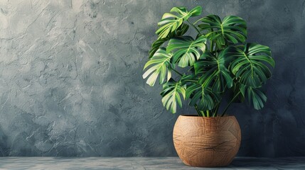 The bold leaves of a monstera deliciosa plant presented in a wooden pot, set against a sleek grey wall. - obrazy, fototapety, plakaty