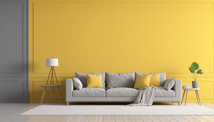 Bright yellow living room interior with midcentury modern furniture and grey wall