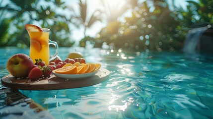 breakfast in the pool, in luxury tropic hotel, travel concept, vacation summer time