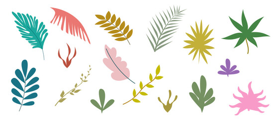 Set of hand drawn colorful abstract tropical leaves and shapes. Elements of spring summer design. Vector trendy flat linear illustration.