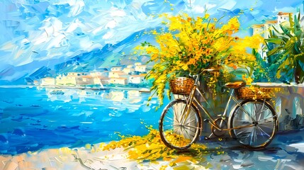 Vibrant Seascape Painting with Bicycle and Yellow Flowers. Coastal Town Scenery Artwork. Perfect for Decor and Postcards. AI
