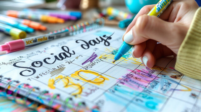 Social Media Planning Calendar with Colorful Markers