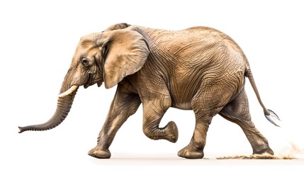 Obraz premium A majestic African elephant gracefully strides forward on a white background. Simple and clean wildlife photography. Ideal for educational and artistic use. AI