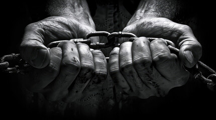 Close-up Male hands in chain handcuffs - obrazy, fototapety, plakaty