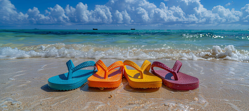 colorful flip flops on the beach tropical background, vacation time