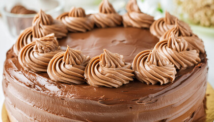 Close-up of delicious cake with brown buttercream, whipped cream frosting. Tasty dessert. Sweet food