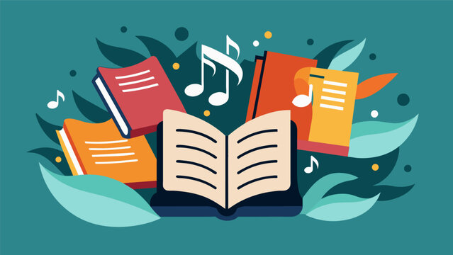 An image of a books and music notes coming together symbolizing the fusion of powerful words and beautiful melodies in the choirs performances.. Vector illustration