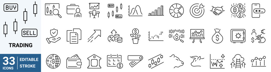 Trading icon set. Containing stocks, stock exchange, financial goal, shares, investment, bull market, bear market and investment icons. Vector illustration.