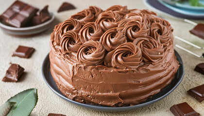 Close-up of delicious cake with brown buttercream, whipped cream frosting. Tasty dessert. Sweet food