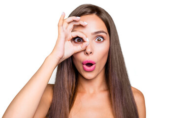 Portrait of young straight-haired lovely brunette cute sweet glam girl with plump lips, wearing...