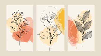 A set of three botanical art prints featuring stylized plants on colorful abstract backgrounds.
