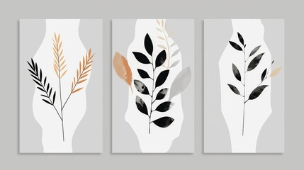 Set of three minimalistic botanical art prints featuring abstract vase outlines with stylized leaves.