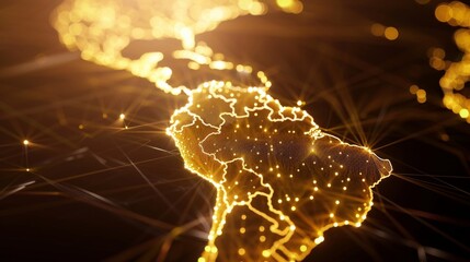 A glowing digital map of South America showcases the continent's connectivity and energy during the nocturnal hours.